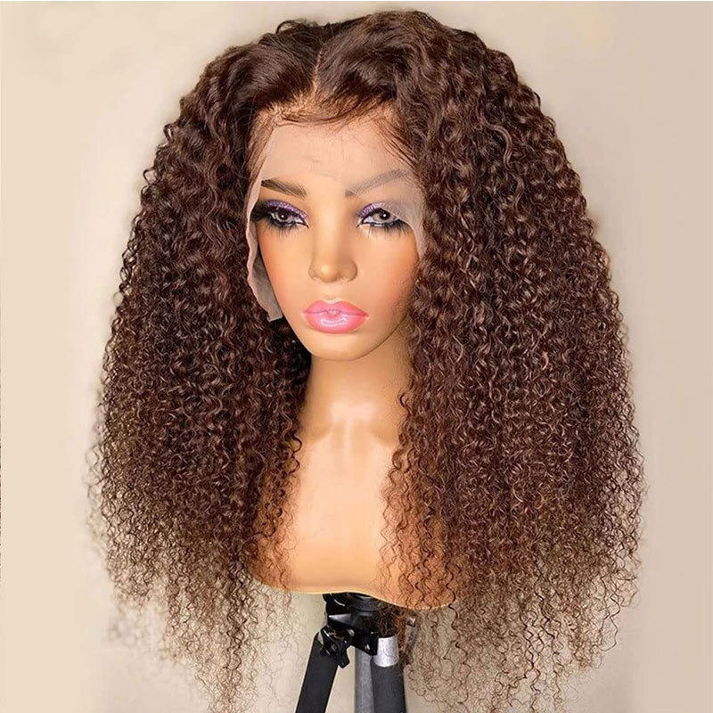 QVR Glueless Auburn Brown 13x4 Lace Frontal Wig Kinky Curly Reddish Brown Color Human Hair Wigs