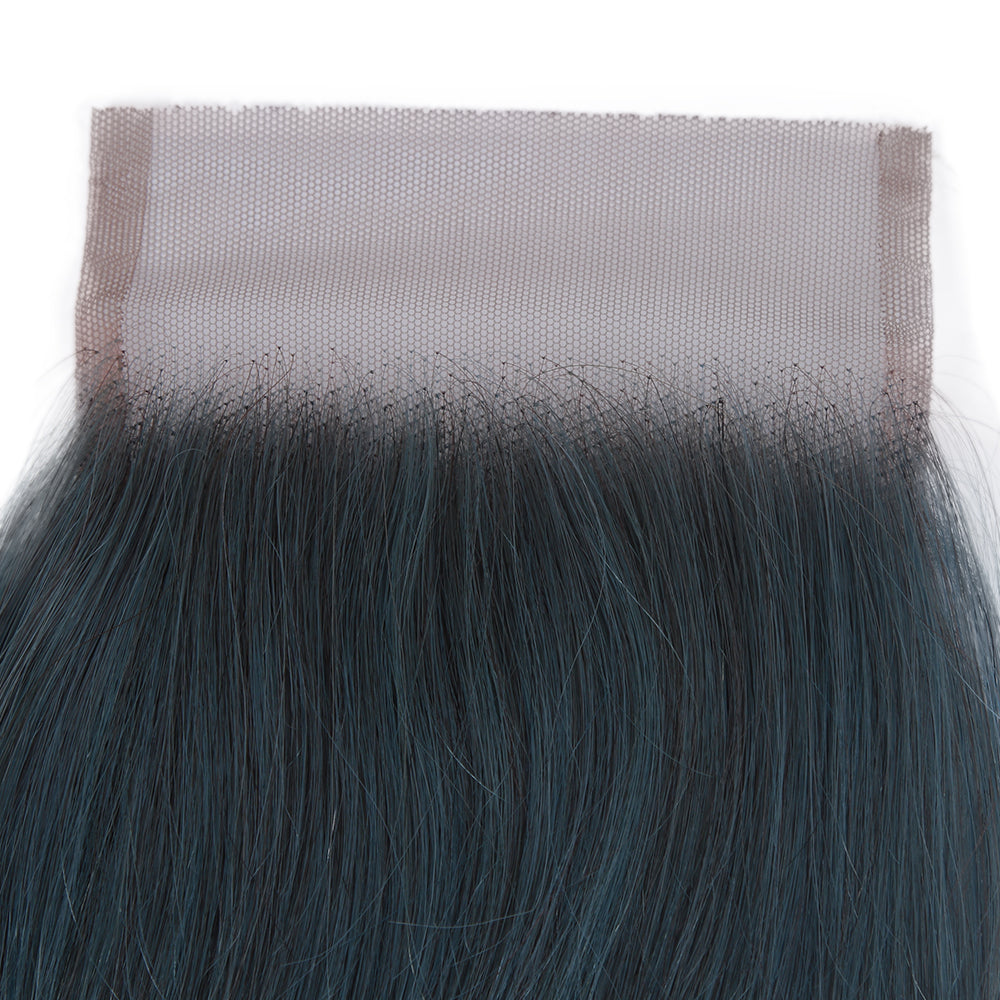 Queen Remy Human Hair 3 Bundles with Closure Straight Hair Weave Ink Blue Jade Shade Dark Green Color