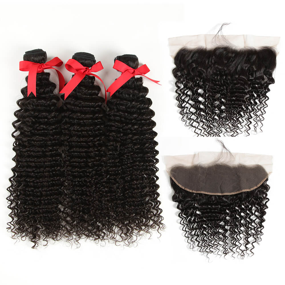 QVR Virgin Human Hair Curly 3 Bundles with 13*4 Lace Frontal Closure Malaysian