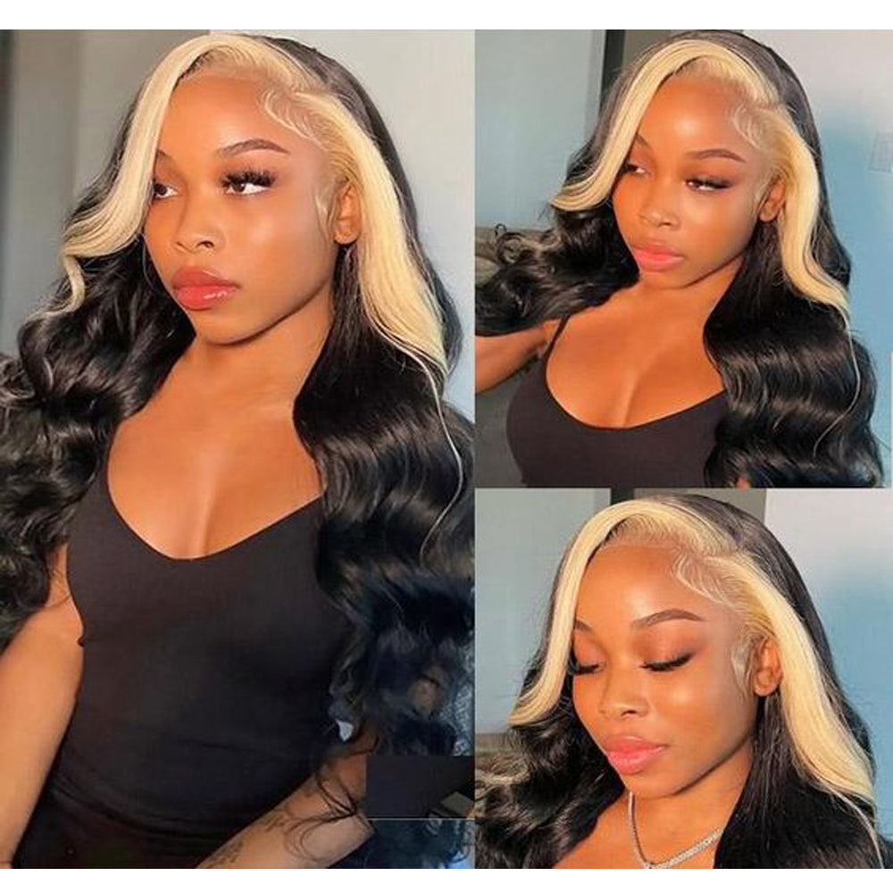Skunk Stripe Human Hair 3 Bundles with Closure Virgin Human Hair Weave Blonde Closure And Black Hair Bundles Style