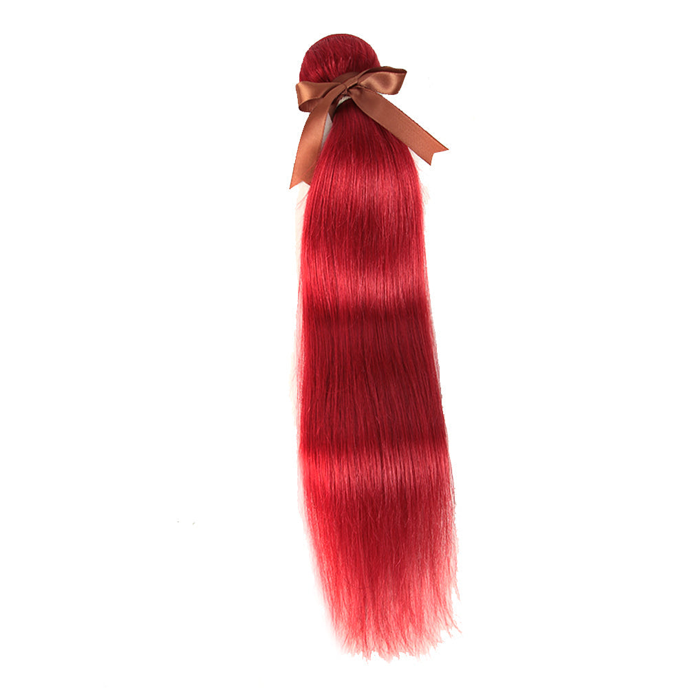 Queen Remy Human Hair 3 Bundles with Closure Straight Hair Weave Red Color