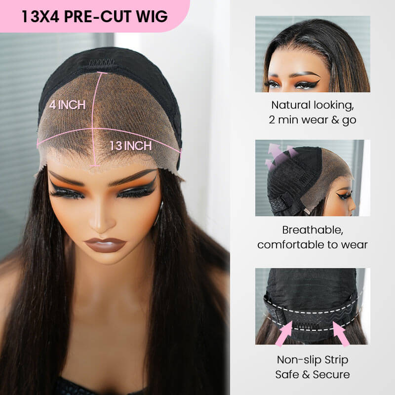 QVR Natural Hairline Brown Highlight Silky Straight Glueless 13x4 Pre-cut Lace Frontal Wig Human Hair