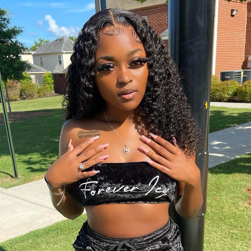 QVR Deep Wave 13x4 Transparent Lace Front Wigs Virgin Human Hair Black Wig