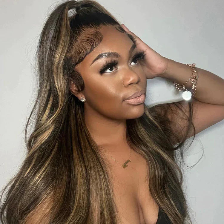 QVR Balayage Highlight Color 4x4 Transparent Lace Closure Invisible knots Pre-Plucked Body Wave Wig