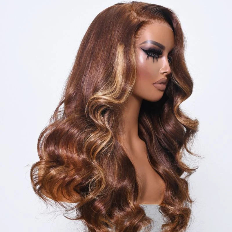QVR Highlights 13x4 Lace Front Brown Body Wave Wigs Bleached Knots 4x4 Lace Closure Wigs
