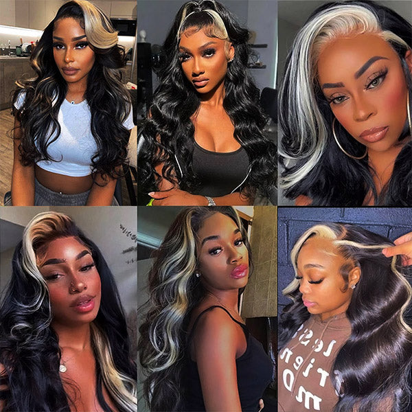 Skunk Stripe Natural Black with 613 blonde Body wave 13x4 Transparent Lace Front Human Hair Wig