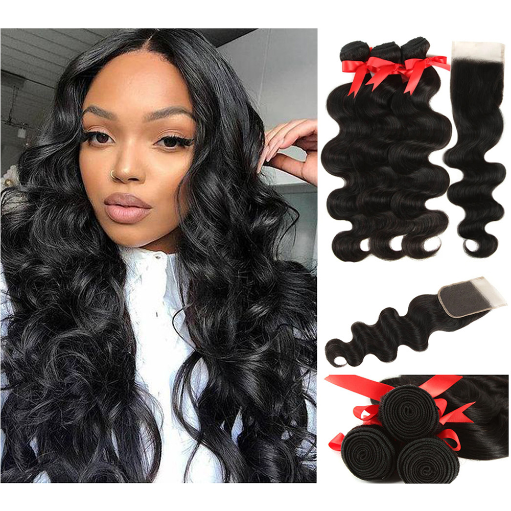 QVR Body Wave Bundles With Closure Virgin Brazilian Hair Weave 3 Bundles With Closure Natural Color 40