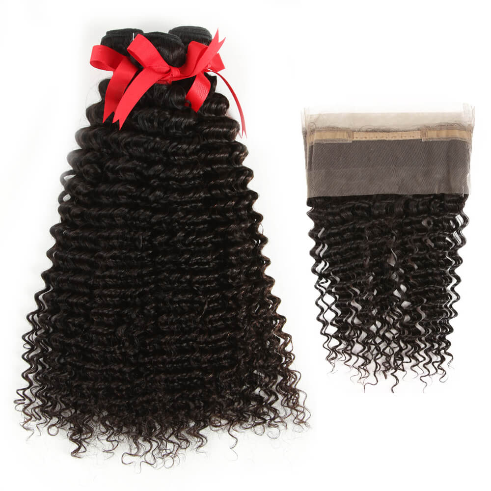 QVR Virgin Human Hair Curly 3 Bundles With 360 Lace Closure