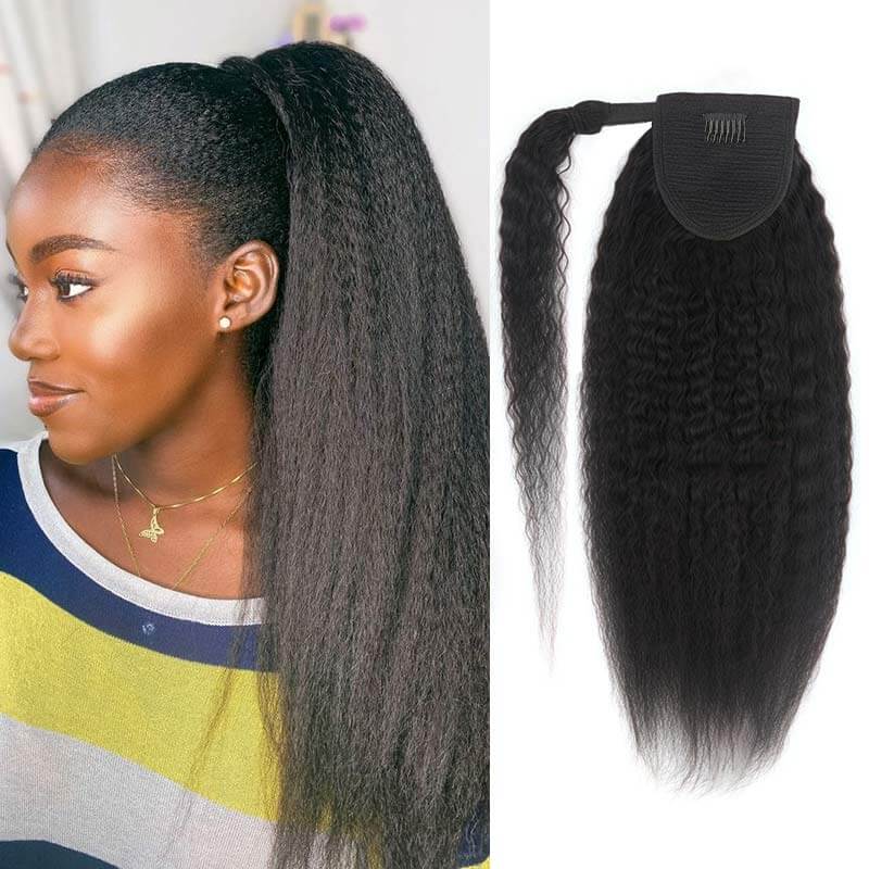 QVR Straight Ponytail Extension Human Hair Wrap Around Natural Black Clip In Ponytail Hair