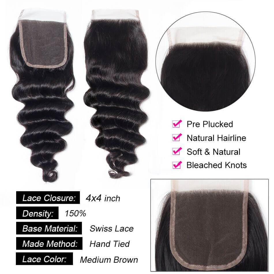 QVR Loose Deep Wave 4X4 Closure Natural Color Virgin Human Hair