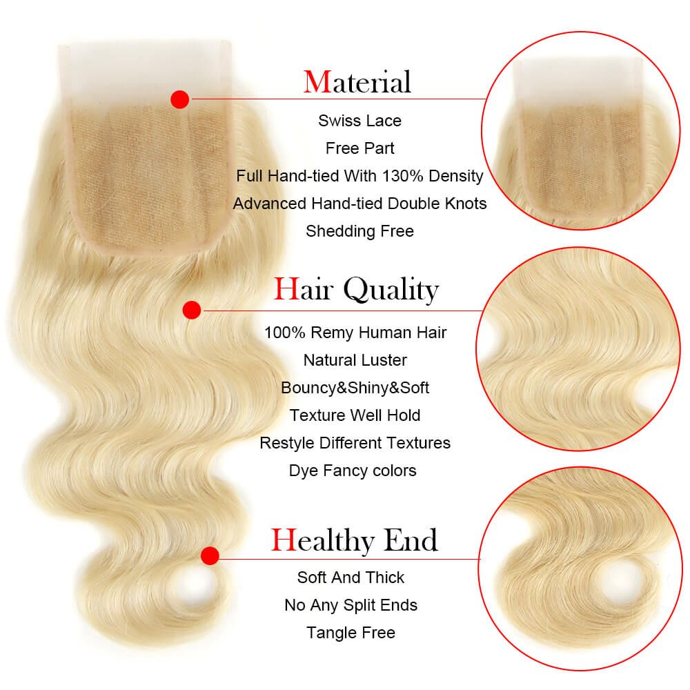 QVR Remy Human Hair Blonde Hair Body Wave 3 Bundles With 4x4 Lace Closure 613