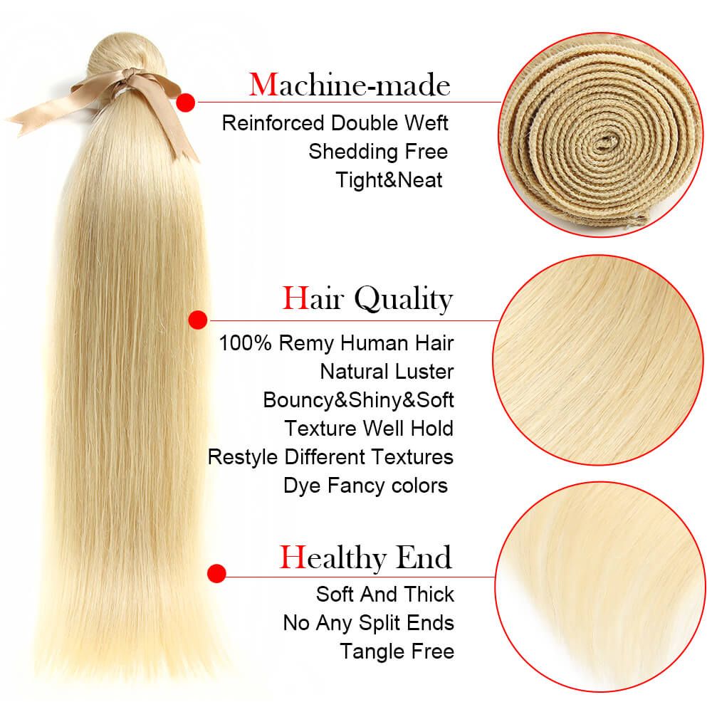 QVR Remy Human Hair Blonde Straight Hair 3 Bundles 613