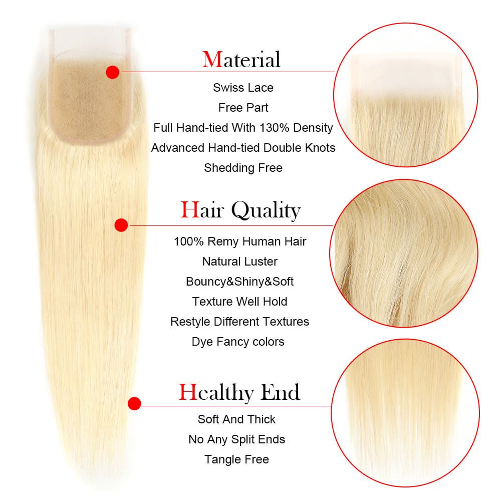 QVR Remy Human Hair Blonde Straight Hair 3 Bundles With 4x4 Lace Closure 613