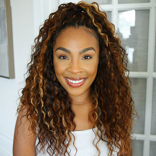 QVR Invisible Water Wave Brown Highlight Feather Crochet Human Hair Extensions