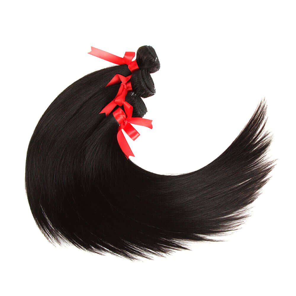 QVR Unprocessed Silk Straight Human Hair Bundles 3 Bundles Natural Color Hair Weave