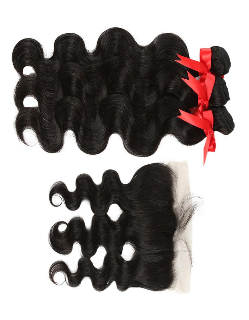 Virgin Human Hair Body Wave 3 Bundles with 13*4 Lace Frontal Closure