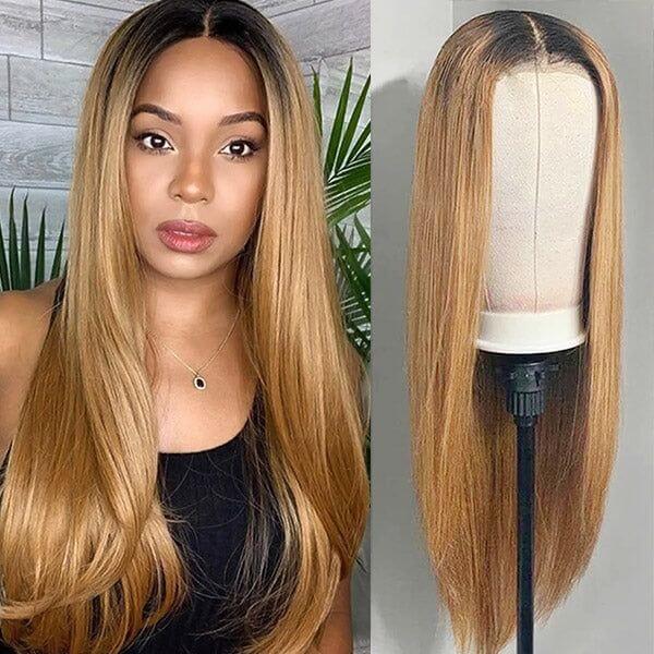 QVR Straight 1B/27 Honey Blonde 4x4 Lace Closure Wigs with Dark Roots For Black Women Human Hair Wigs