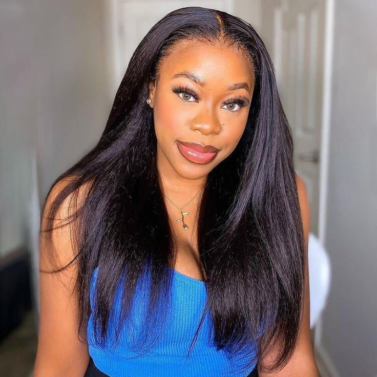 QVR Long Kinky Straight Unprocessed Yaki Human Hair 13x4 Lace Front Wig