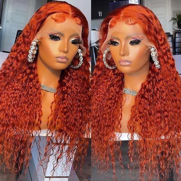 QVR Ginger Orange Lace Part Wigs Curly 13x4 Lace Frontal Human Hair Wigs