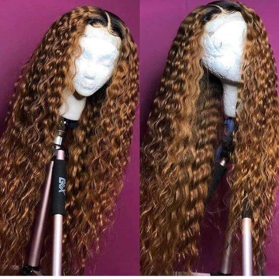 QVR Deep Wave 1B/30 Ombre Honey Brown Color Glueless 4x4 Lace Closure Wig 100% Virgin Human Hair Wigs