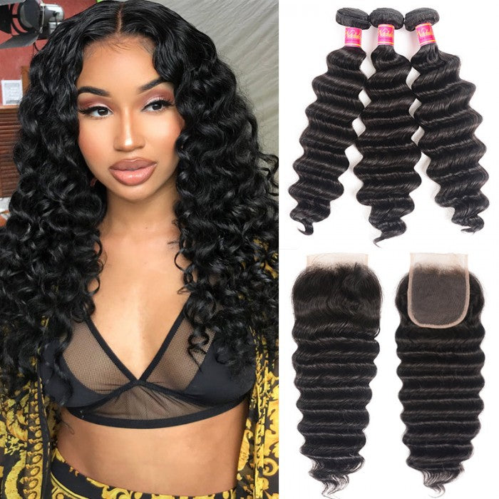 Loose Deep Wave Bundles with Closure Peruvian Hair Bundles with Closure Remy 100% Human Hair Bundles with 4x4 lace Closure
