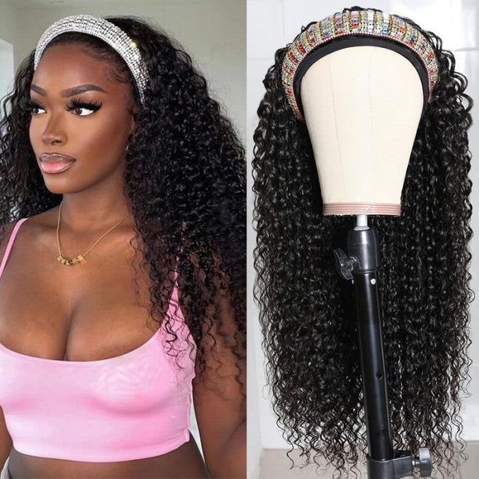 QVR Jerry Curly Wig Headband Wig Glueless Wig Human Hair Wigs Natural Looking