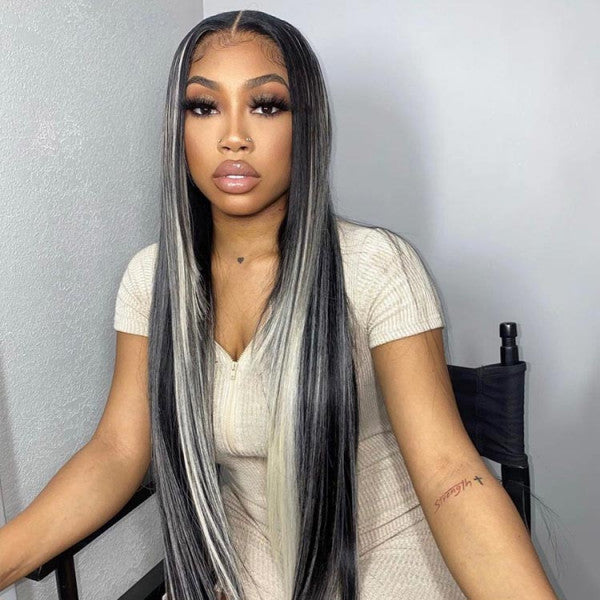 QVR Platinum Blonde Highlights Colored Wig 4x4/13x4 HD Transparent Lace Frontal Wig Mix Color Human Hair Wig