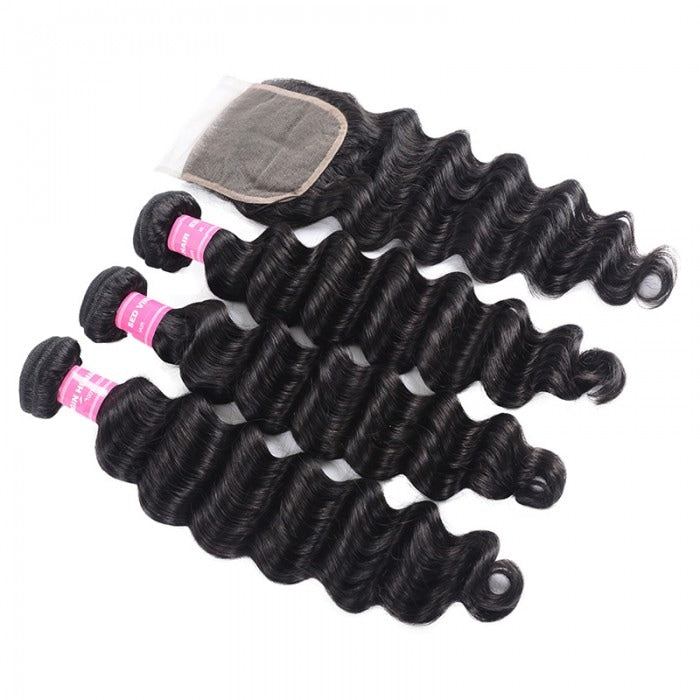 Loose Deep Wave Bundles with Closure Peruvian Hair Bundles with Closure Remy 100% Human Hair Bundles with 4x4 lace Closure