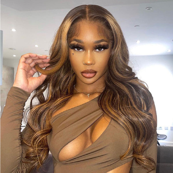 QVR P4/27 Body Wave 13x4 Lace Frontal Wig Honey Blonde Highlights Human Hair Wigs