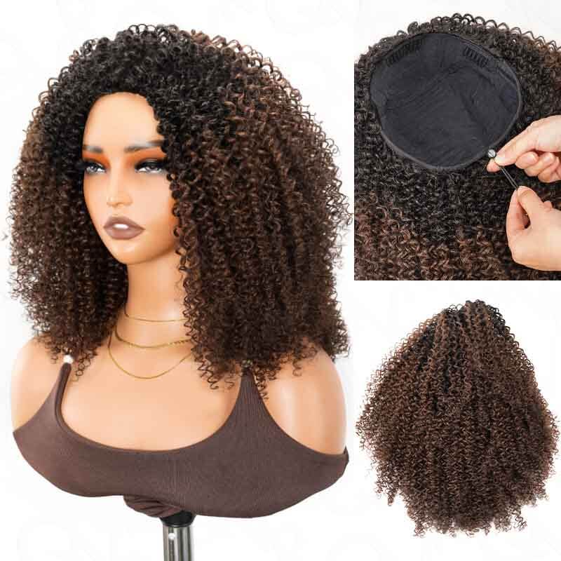 QVR Glueless Ombre Brown Kinky Curly Half Wig with Black Roots 250% Density Human Hair Wig #T1B/30 Wear Go Flip Over Wig