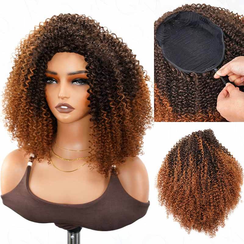 QVR Glueless Ombre Brown Kinky Curly Half Wig with Black Roots 250% Density Human Hair Wig #T1B/30 Wear Go Flip Over Wig