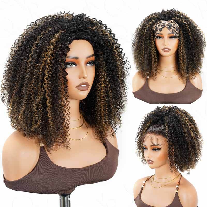 QVR Glueless Blonde Highlight Kinky Curly Half Wig 250% Density Human Hair Wig #1B/27 Wear Go Flip Over Wig