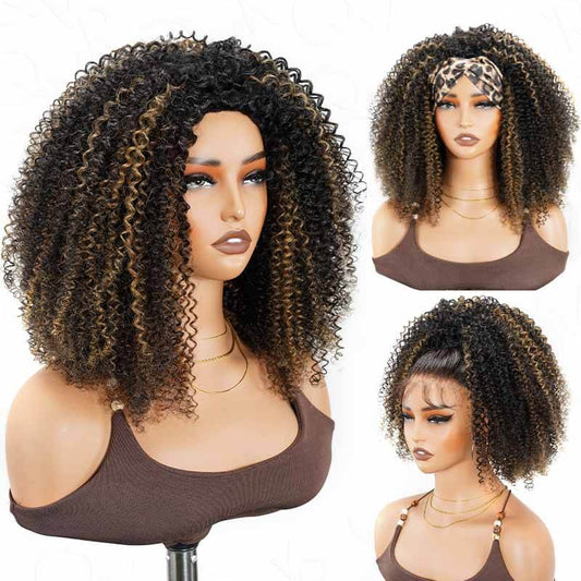 QVR Glueless Blonde Highlight Kinky Curly Half Wig 250% Density Human Hair Wig #1B/27 Wear Go Flip Over Wig