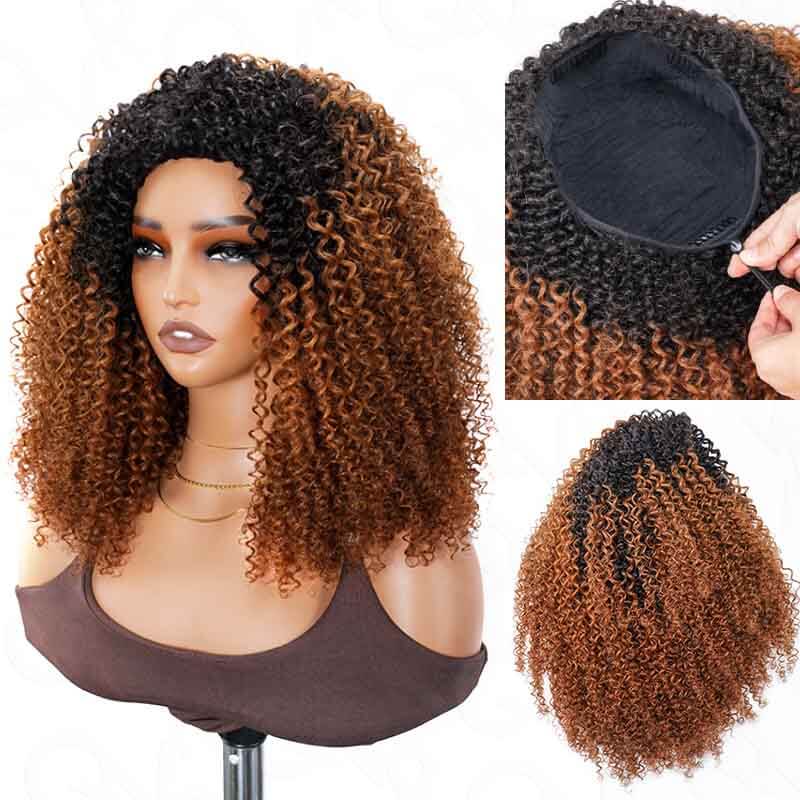 QVR Glueless Blonde Highlight Kinky Curly Half Wig 250% Density Human Hair Wig #1B/27 Wear Go Flip Over Wig