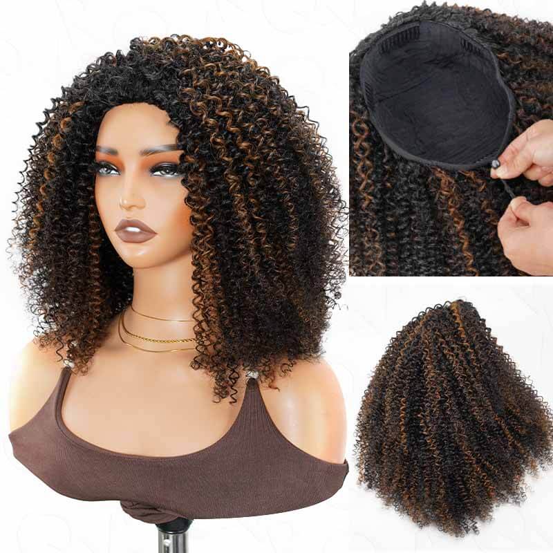 QVR Glueless Dark Brown Kinky Curly Half Wig with Black Roots 250% Density Human Hair Wig #T1B/4 Wear Go Flip Over Wig