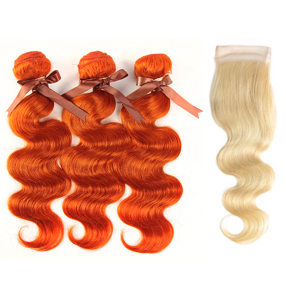 QVR Body Wave Human Hair Bundles 3 Ginger Orange Human Hair Bundles with Blonde Lace Closure Skunk Stripe
