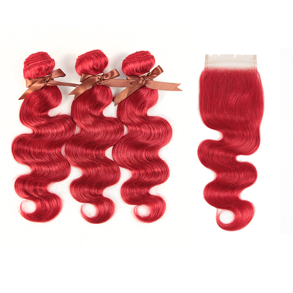 QVR Red Color Brazilian Body Wave Bundles With Closure Remy Hair Weave Bunldes Hair Extension For Black Women
