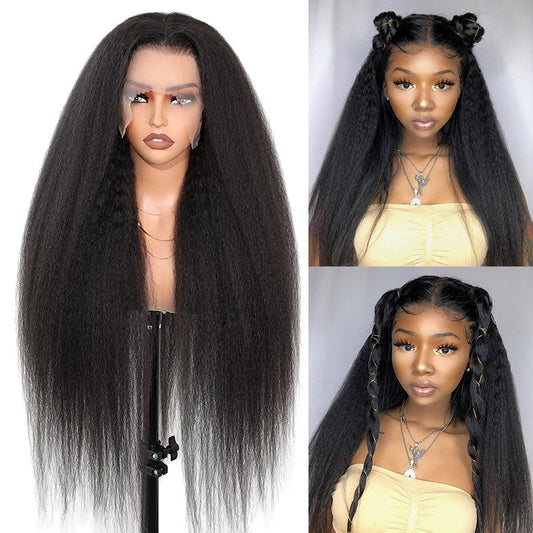 QVR Long Kinky Straight Unprocessed Yaki Human Hair 13x4 Lace Front Wig