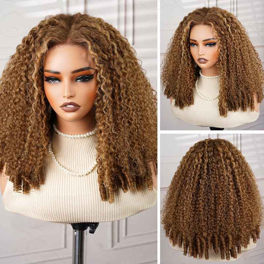 QVR Blonde Highlight #P4/27 Burmese Curly Glueless 5X5 Pre-cut Lace Closure Human Hair Wigs