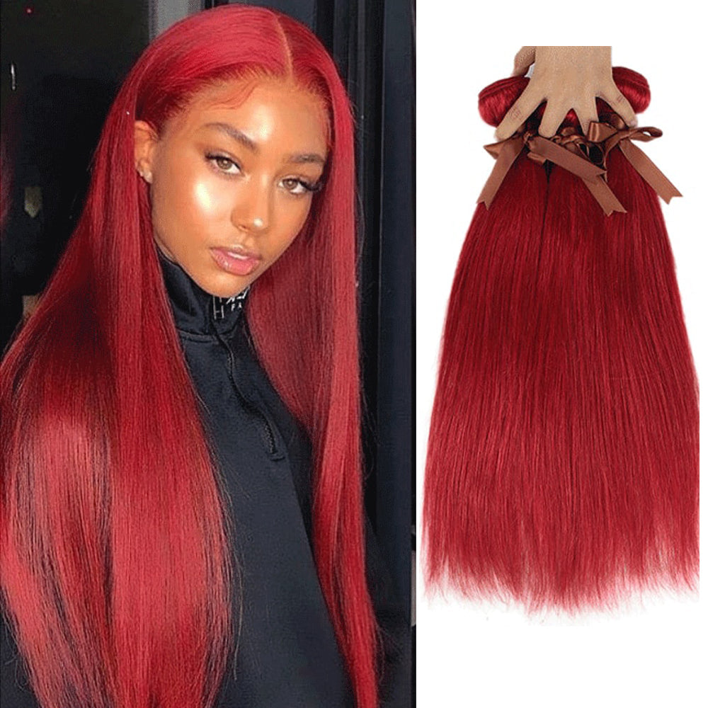 Remy Human Hair 3 Bundles Straight Hair Weave Red Color