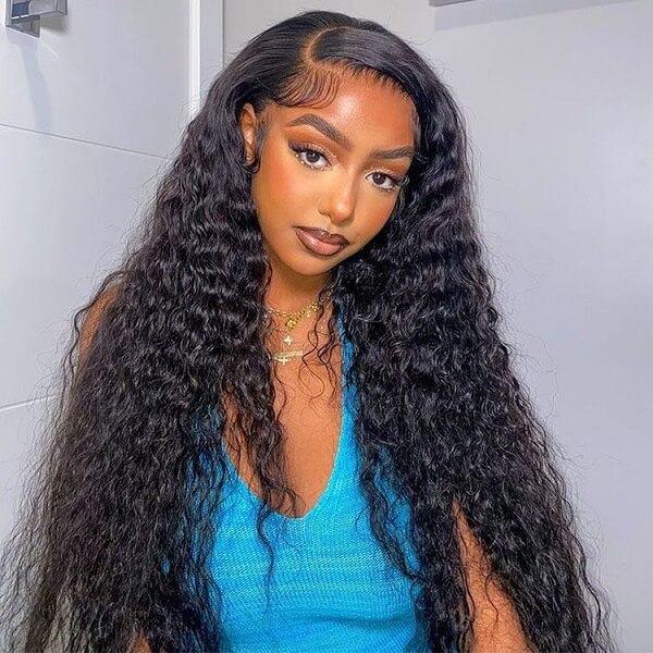 QVR Water Wave Wigs Curly Human Hair Wig 13x6 Full Lace HD Transparent Lace Wig Natural Color