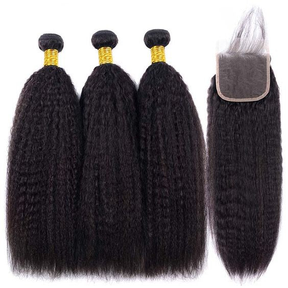 QVR 15A Grade Best Virgin Human Hair Kinky Straight 3 Bundles Hair With 4x4 Lace Closure Unprocessed Virgin Hair Weave