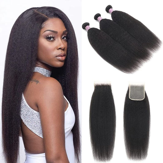QVR 15A Grade Best Virgin Human Hair Kinky Straight 3 Bundles Hair With 4x4 Lace Closure Unprocessed Virgin Hair Weave