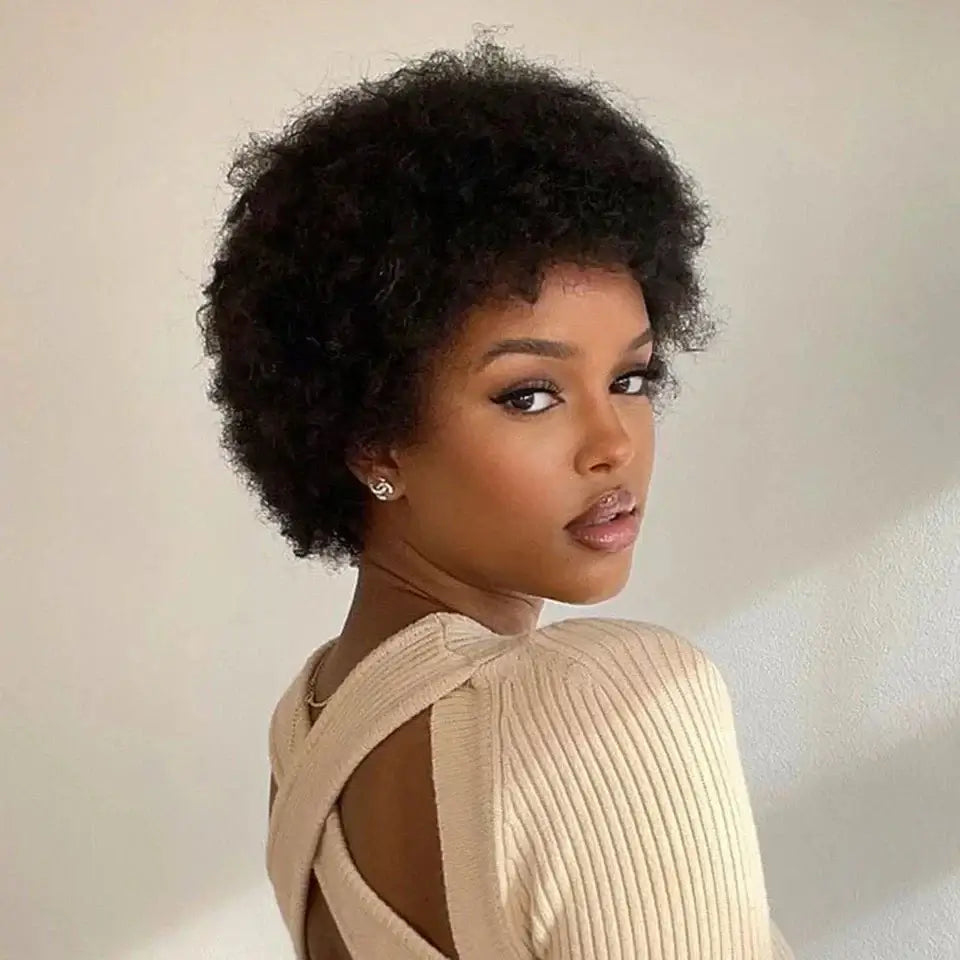 QVR Natural Afro Glueless Human Hair Short Wigs For Black Women