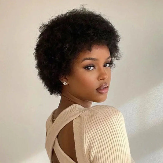 QVR Natural Afro Glueless Human Hair Short Wigs For Black Women