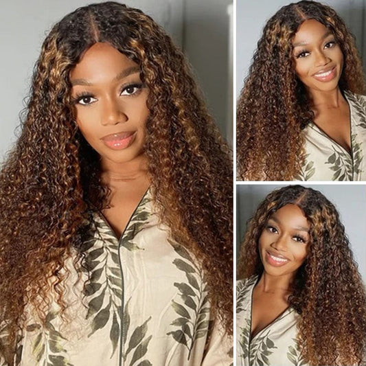 QVR Glueless Pre-cut Curly 13x4 Lace Frontal Human Hair Wigs Highlight Balayage Color Wigs Beginner Friendly