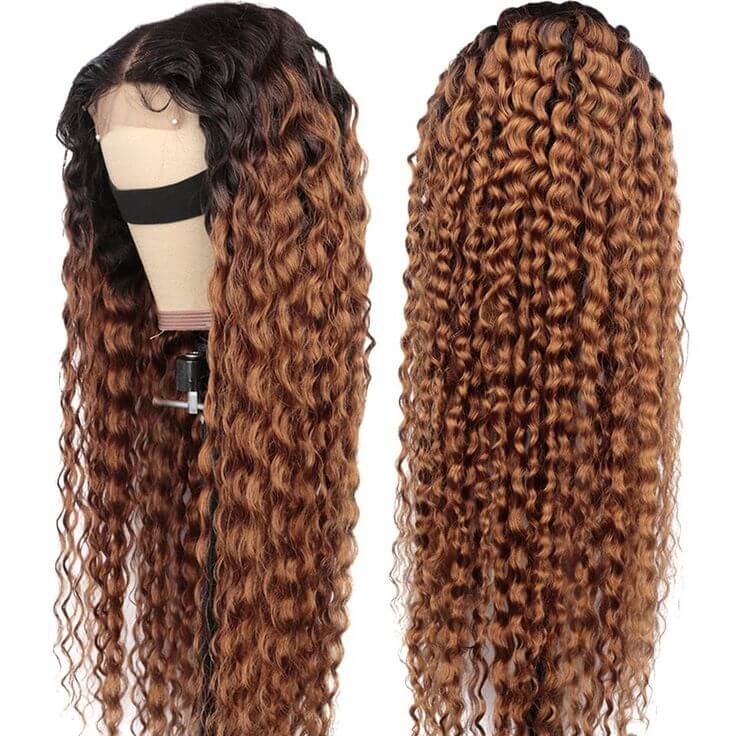 QVR Deep Wave 1B/30 Ombre Honey Brown Color Glueless 4x4 Lace Closure Wig 100% Virgin Human Hair Wigs