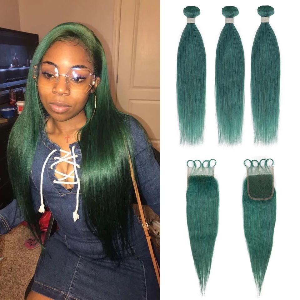 Queen Remy Human Hair 3 Bundles with Closure Straight Hair Weave Jade Green Color