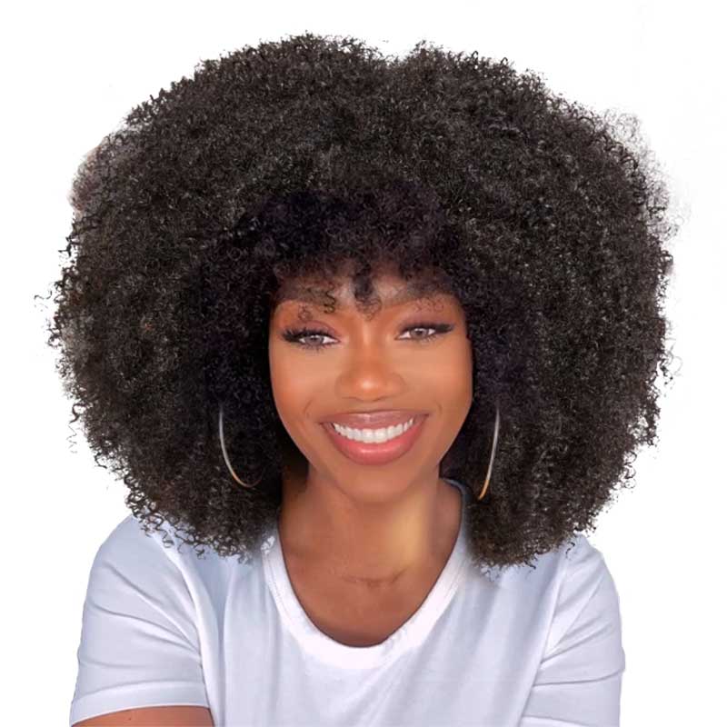 QVR Wear&Go Afro Curly No Lace Glueless Short Machine Made Wig With Bangs 100% Human Hair