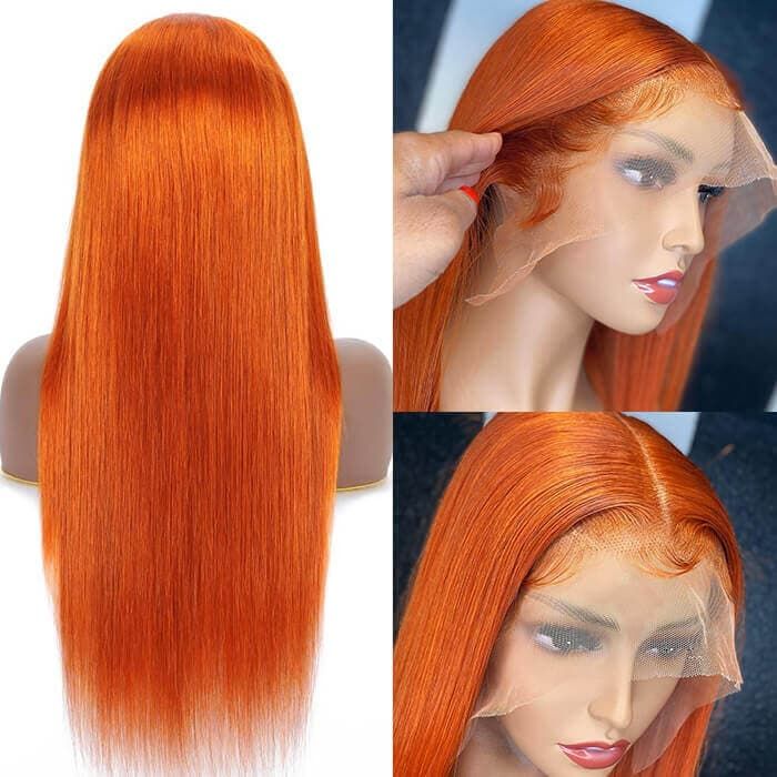 QVR Ginger Orange Straight Glueless Wigs Brazilian Virgin Hair Lace Frontal Wig Pre Plucked with Baby Hair
